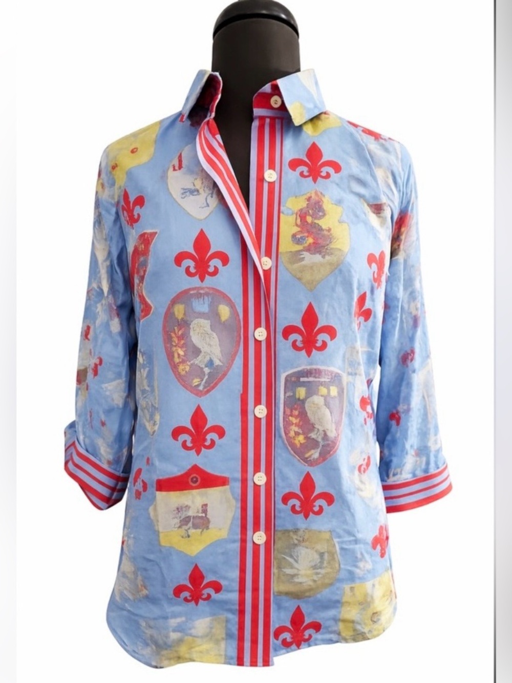 Gretchen Scott Siena Fleur de Lis Crest Cotton Boyfriend Shirt Small - Picture 2 of 7